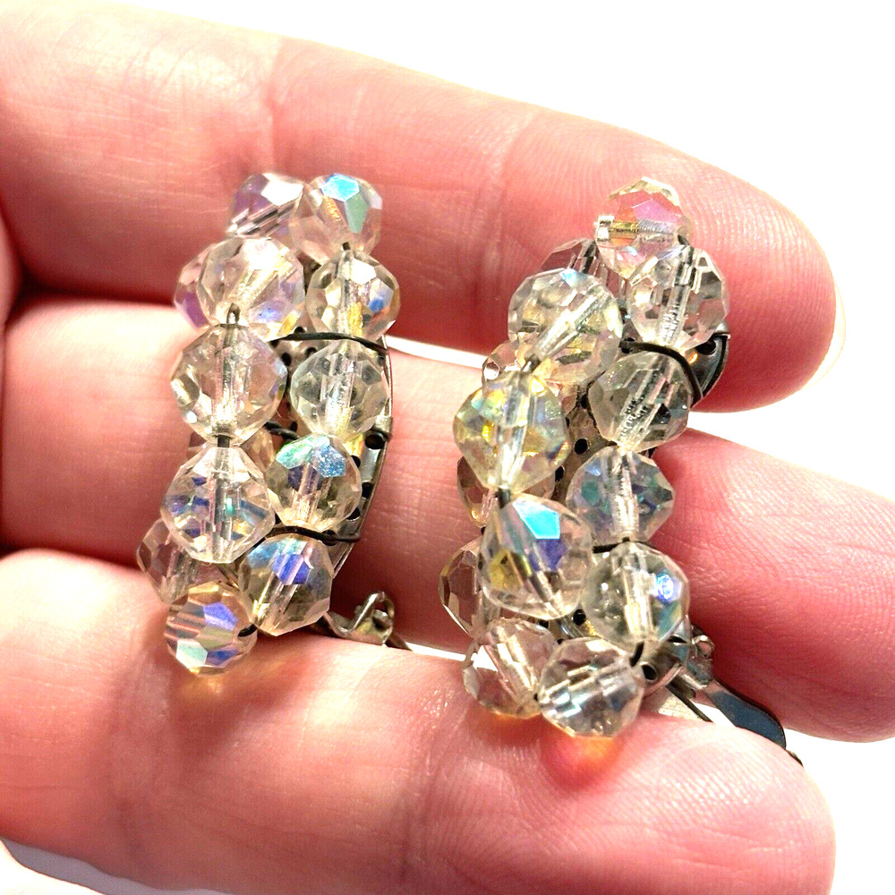 Vintage Mid Century Clear Crystal Clip On Earrings Silvertone Crescents Glam - Picture 7 of 8